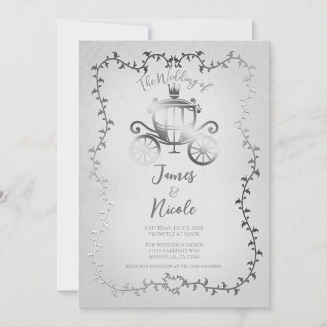 Elegante Silver Carriage White Storybook Wedding Einladung (Vorderseite)