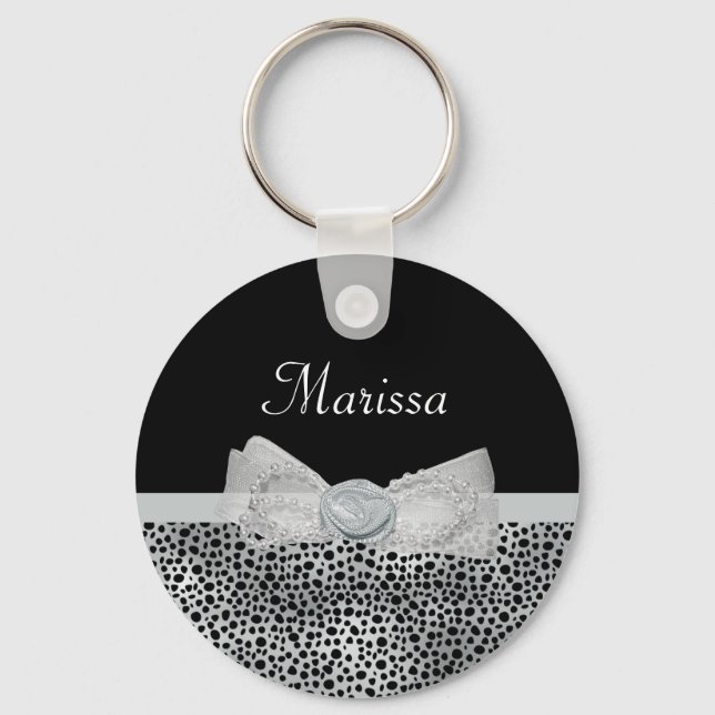 Elegante Silver Cheetah Print Frilly Bow mit Namen Schlüsselanhänger (Vorderseite)