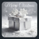 Elegante Silver Christmas Geschenkboxen mit Schnee Quadratischer Aufkleber<br><div class="desc">Erleben Sie den Zauber der Ferien mit diesem eleganten Design mit einer silbernen Geschenkboxen, umgeben von glitzernden Schneeflocken. Darüber, schimmernd silberne "Frohe Weihnachten" Text fügt eine festliche Touch, feiern Sie die Saison mit zeitloser Eleganz und einem winterlichen Charme!</div>
