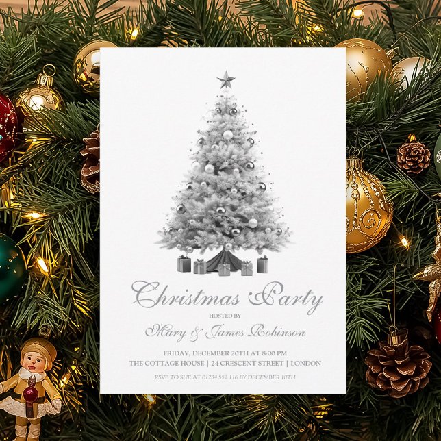 Elegante Silver Christmas Tree Holiday Party Einladung (Elegant Silver Christmas Tree Holiday Party Invitation)