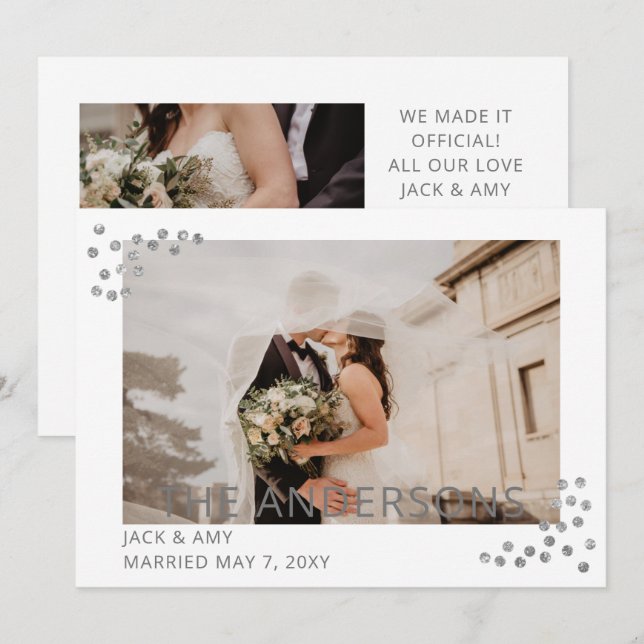Elegante Silver Confetti Foto Hochzeitsankündigung Einladung (Vorne/Hinten)