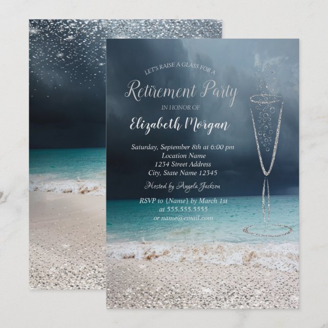 Elegante Silver Confetti Glass Beach Rentirement Einladung (Vorne/Hinten)
