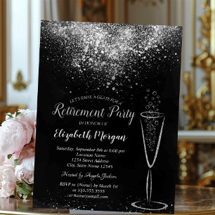 Elegante Silver Confetti Glass Black Retirement Einladung