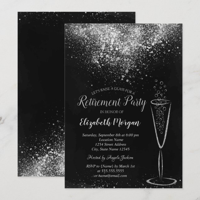 Elegante Silver Confetti Glass Black Retirement Einladung (Vorne/Hinten)