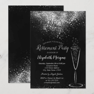 Elegante Silver Confetti Glass Black Retirement Einladung