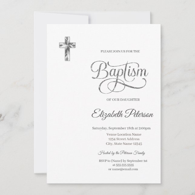 Elegante Silver Cross Minimalistische Taufe Einladung (Vorderseite)