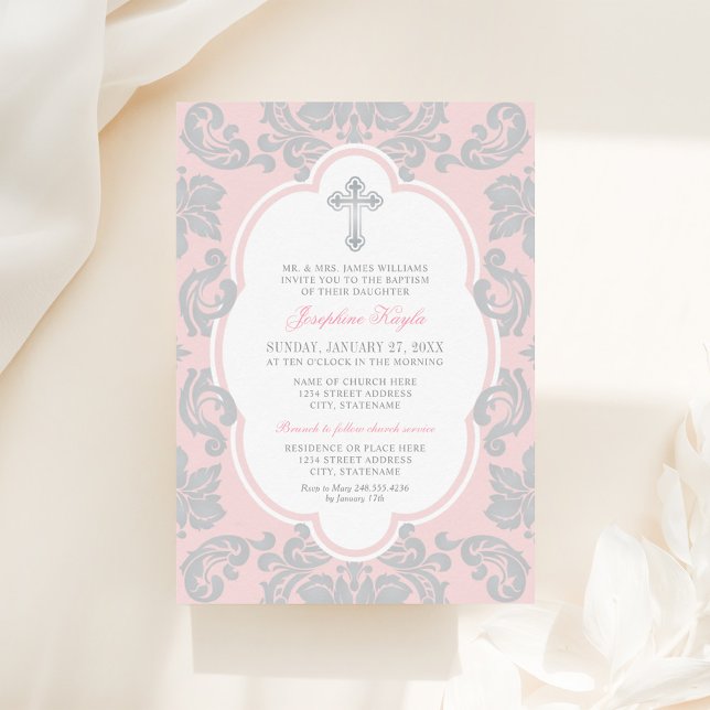 Elegante Silver Cross Pink Damask Baby Girl Baptis Einladung (Von Creator hochgeladen)
