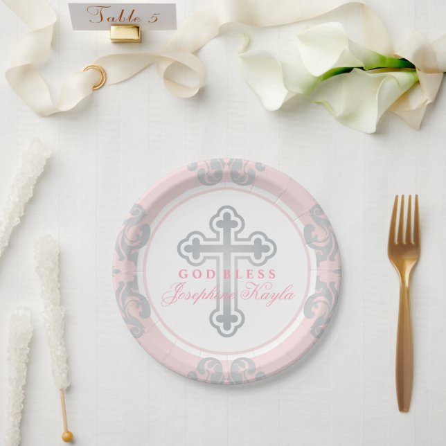 Elegante Silver Cross Pink Damask Baby Girl Baptis Pappteller (Hochzeit)