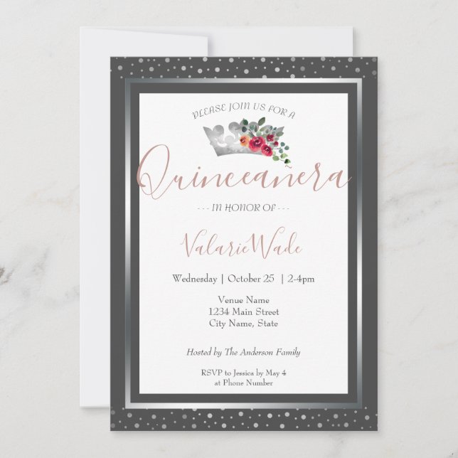 Elegante Silver Crown Quinceanera Budget Einladung (Vorderseite)