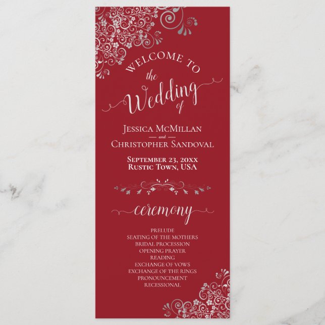 Elegante Silver Curls auf Crimson Red Simple Weddi Programm (Vorderseite)