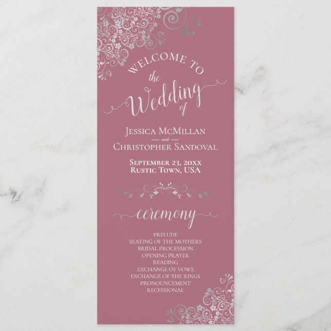 Elegante Silver Curls auf Dusty Rose Simple Weddin Programm (Vorderseite)