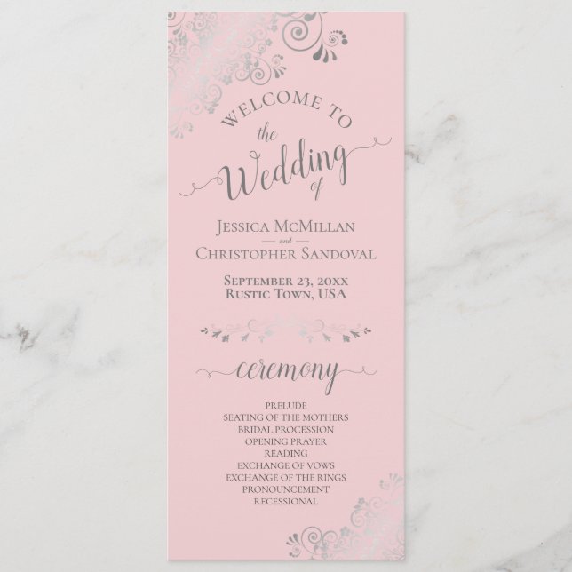 Elegante Silver Curls Blush Pink & Gray Wedding Programm (Vorderseite)