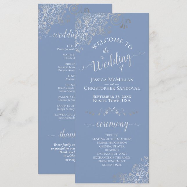 Elegante Silver Curls Dusty Blue Periwinkle Weddin Programm (Vorne/Hinten)