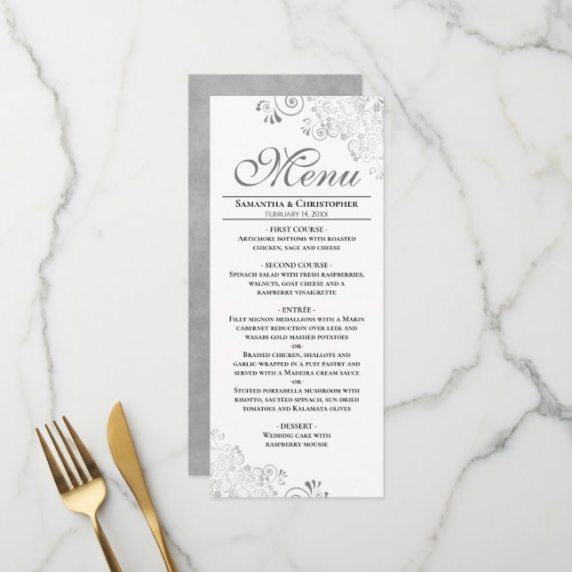 Elegante Silver Curls & Wirbel auf White Wedding Menükarte (Vorderseite/Rückseite Beispiel)