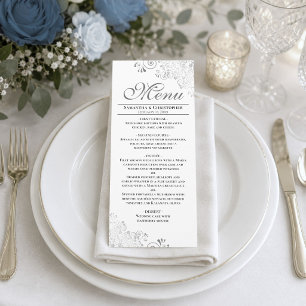 Elegante Silver Curls & Wirbel auf White Wedding Menükarte