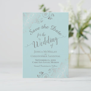Elegante Silver Curls & Wirbel Mint Aquamarin Hoch Save The Date