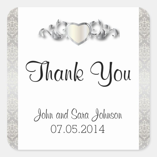 Elegante Silver Damask Style Wedding 2 Quadratischer Aufkleber (Vorderseite)