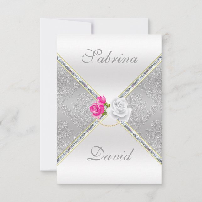 Elegante Silver Damask und rosa Rose Empfang-Karte Einladung (Vorderseite)