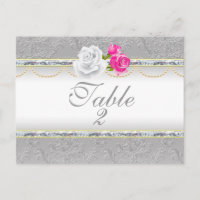 Elegante Silver Damask und rosa Rose Tischnummer