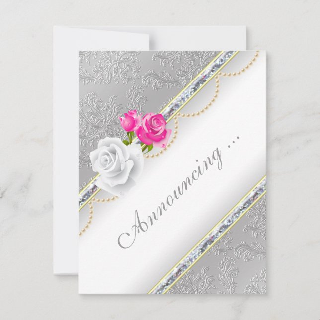 Elegante Silver Damask und rosa Rose Verlobung Ankündigung (Vorderseite)