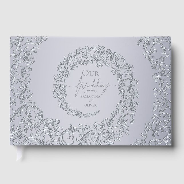 Elegante Silver Damask Wedding Gästebuch (Vorderseite)