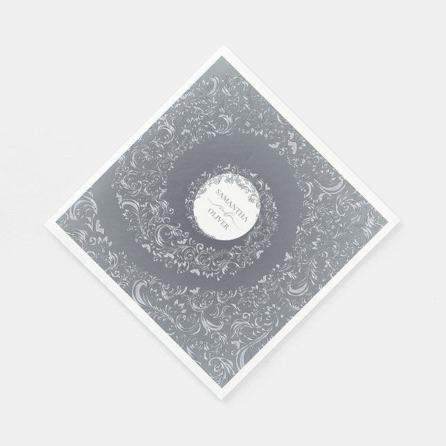 Elegante Silver Damask Wedding Serviette (Ecke)