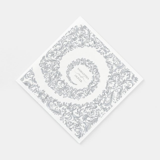 Elegante Silver Damask Wedding Serviette (Ecke)