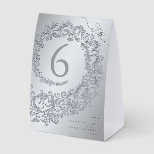 Elegante Silver Damask Wedding Tischnummer Card Tischaufsteller
