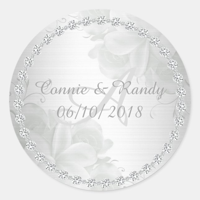 Elegante Silver Floral und Diamond Monogram Weddin Runder Aufkleber (Vorderseite)