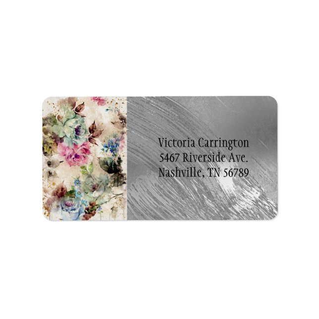 Elegante Silver Floral Wasserfarbe Abstrakte Hochz Adressaufkleber (Vorne)