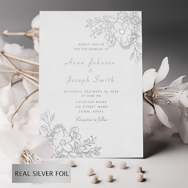 Elegante Silver Floral Wedding Folieneinladung (Von Creator hochgeladen)
