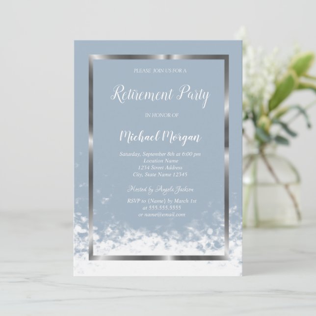 Elegante Silver Frame Dusty Blue Retirement Einladung (Stehend Vorderseite)