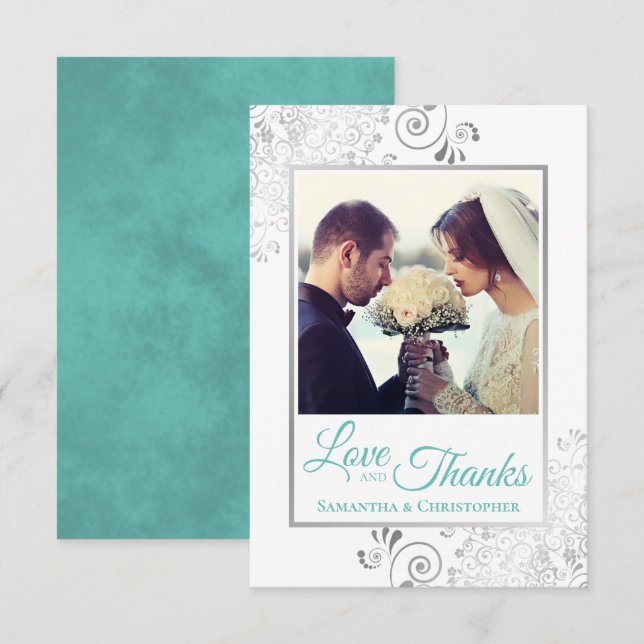 Elegante Silver Frills & Aqua Liebe & Danke Hochze (Vorne/Hinten)