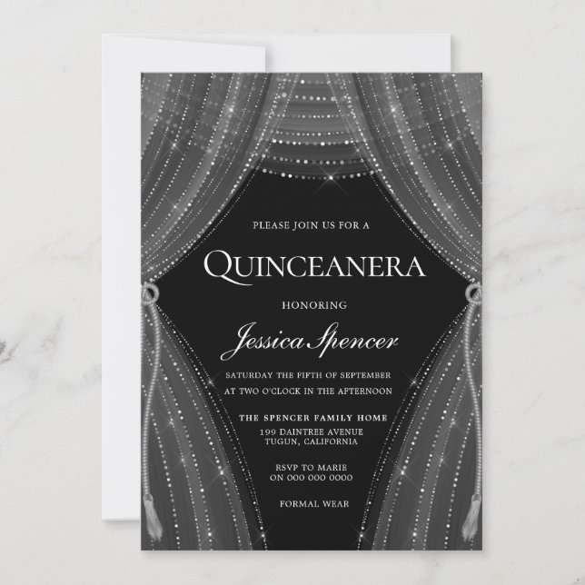Elegante Silver Gardinen Quinceanera Party Einladu Einladung (Vorderseite)