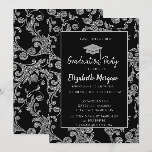 Elegante Silver Glitzer Graduation Cap, Wirbel Einladung (Vorne/Hinten)