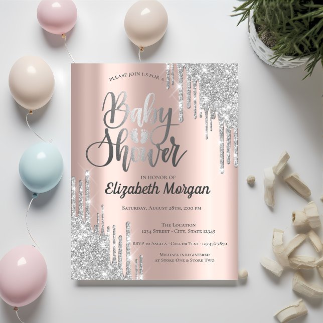 Elegante Silver Glitzer Tropfen Rose Gold Baby Dus Einladung (Von Creator hochgeladen)
