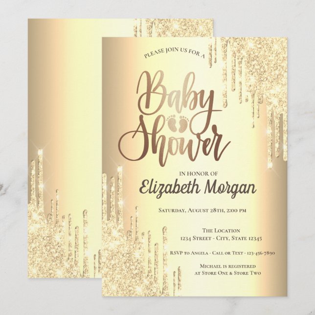 Elegante Silver Glitzer Tropfen Rose Gold Einladung (Vorne/Hinten)