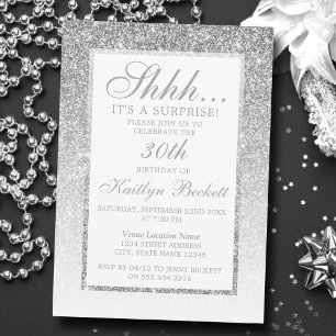 Elegante Silver Glitzer Überraschung Geburtstagspa Einladung