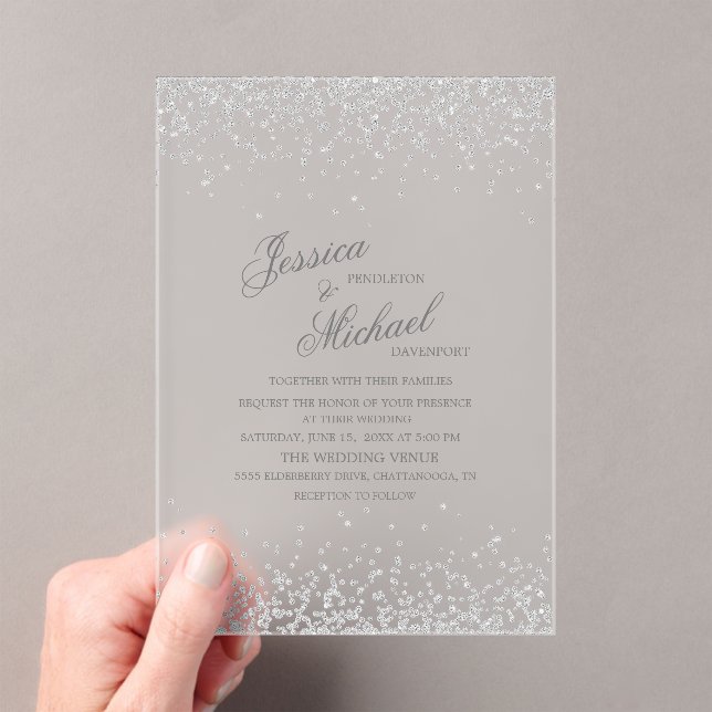 Elegante Silver Glitzer Wedding Acryleinladungen (Insitu (Handheld))