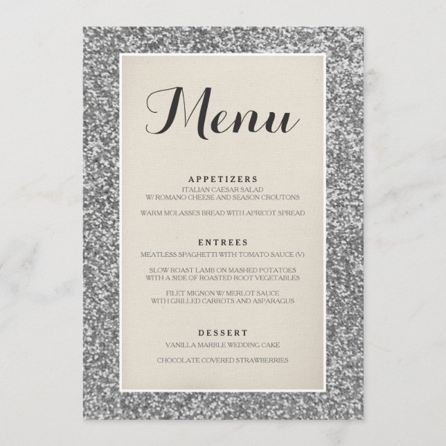 Elegante Silver Glitzer Wedding Menu Card Menükarte (Vorderseite)