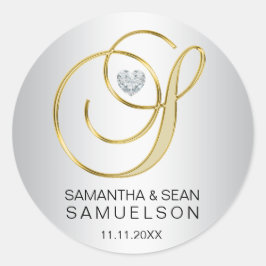 Elegante Silver Gold Letter 'S' Mit Monogramm Wedd Runder Aufkleber