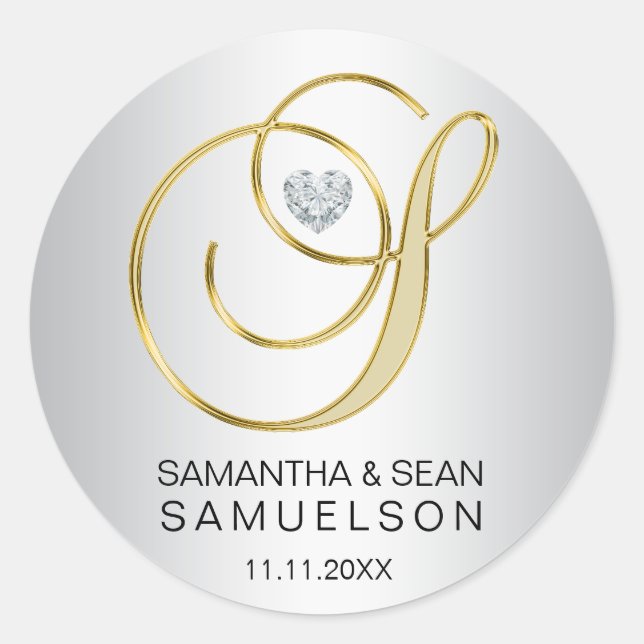 Elegante Silver Gold Letter 'S' Mit Monogramm Wedd Runder Aufkleber (Vorderseite)