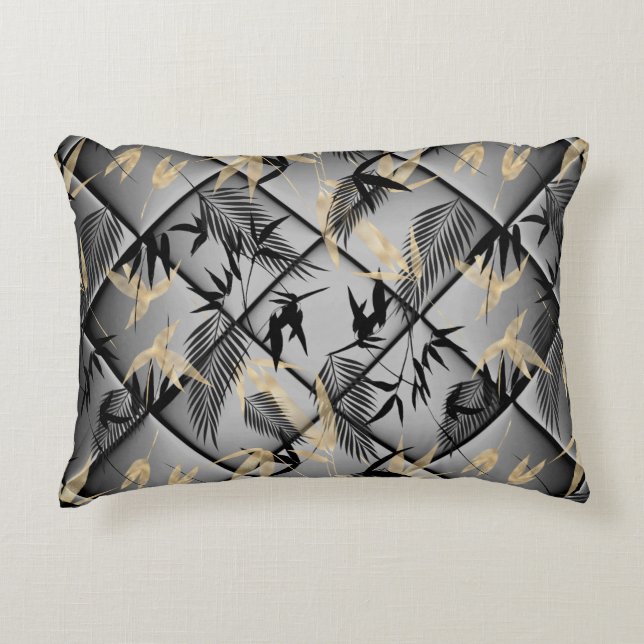Elegante Silver Gray Black Gold Palmen Bambus Deko Dekokissen (Vorderseite)
