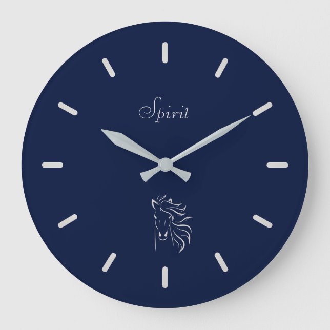 Elegante Silver Gray Horse Silhouette auf Navy Blu Große Wanduhr (Vorderseite)