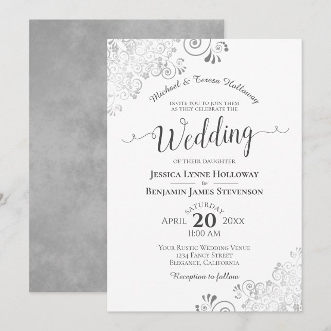 Elegante Silver Gray Lace Formal White Wedding Einladung (Vorne/Hinten)