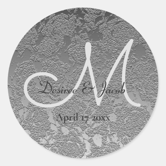 Elegante Silver Gray Monogram Moderne Hochzeit Runder Aufkleber (Vorderseite)