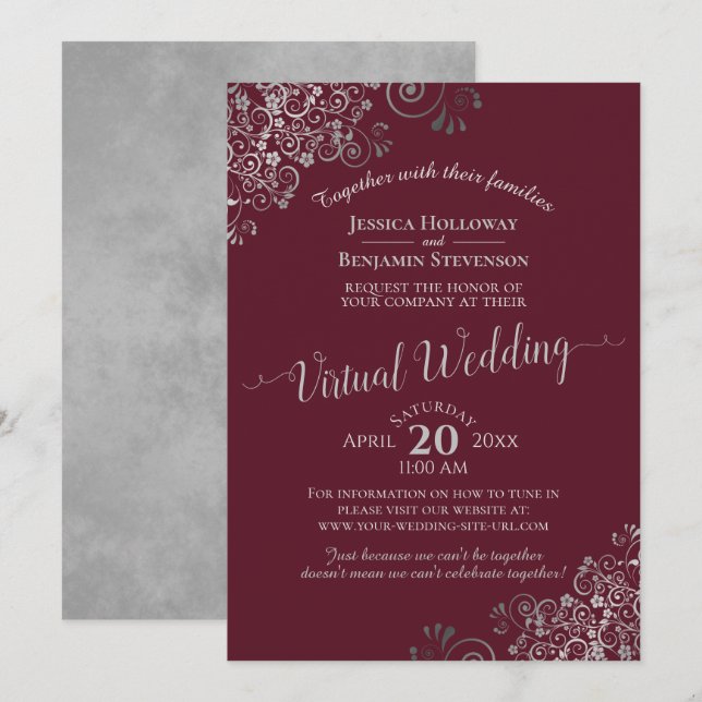 Elegante Silver Gray und Burgund Virtual Wedding Einladung (Vorne/Hinten)