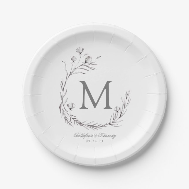 Elegante Silver Gray White Botanical Wreath Weddin Pappteller (Vorderseite)