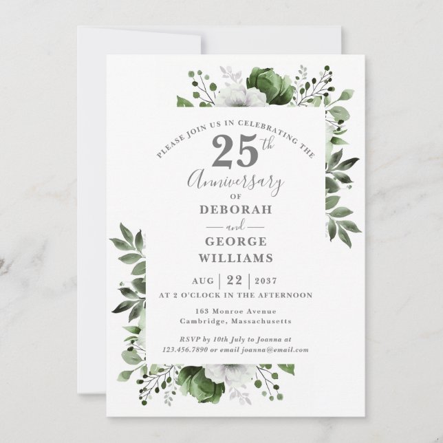 Elegante Silver Greenery 25. Hochzeitstag Einladung (Vorderseite)