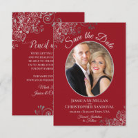 Elegante Silver Lace auf Crimson Red Foto Wedding